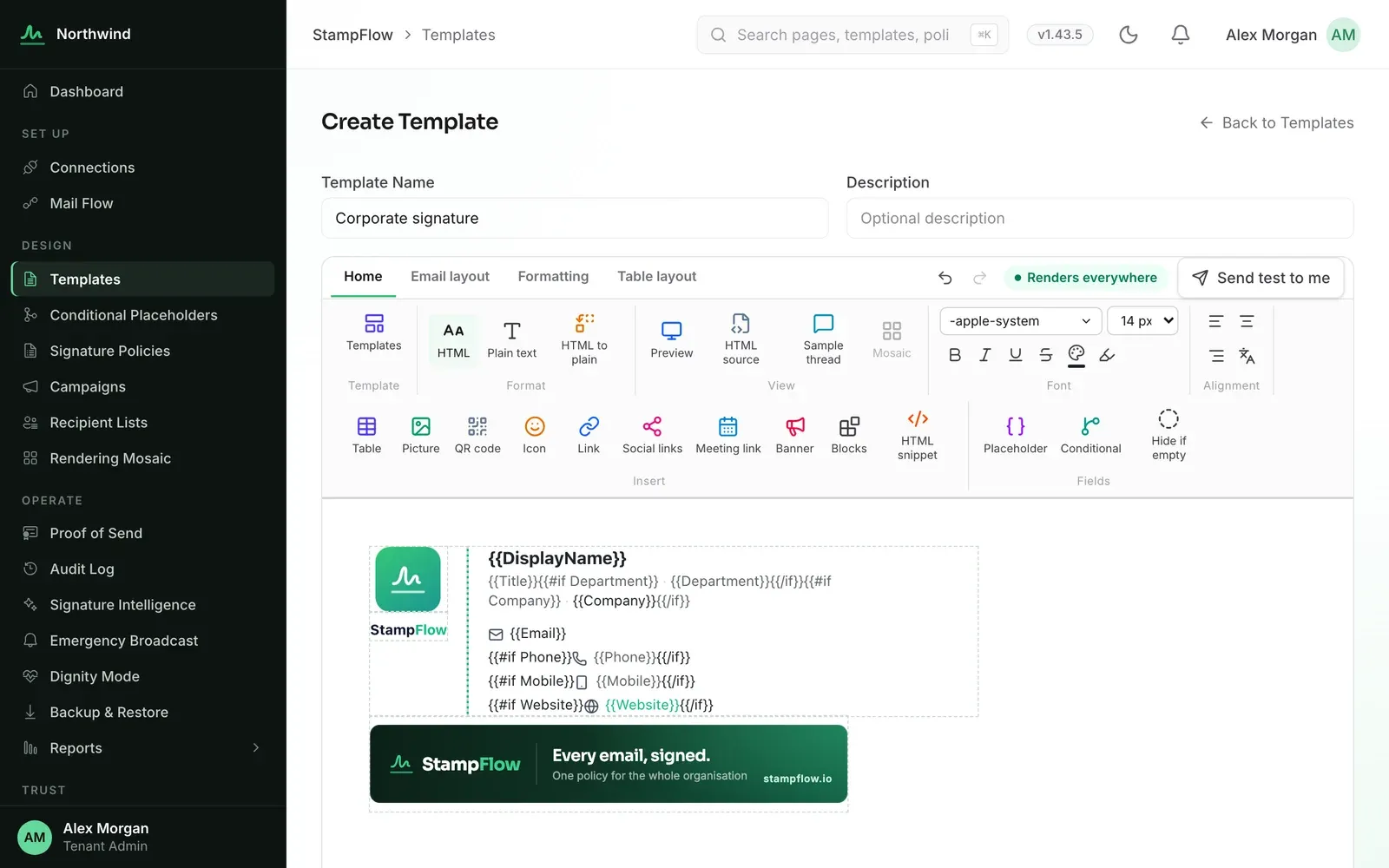 The StampFlow template editor with a signature design open