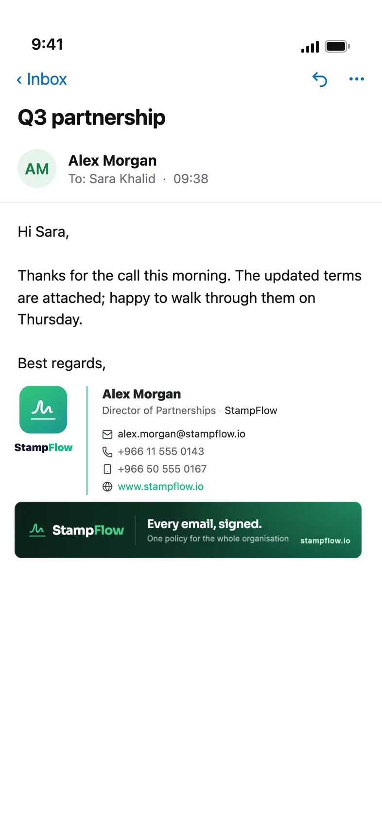 A received email on a phone, ending with the signature that was applied